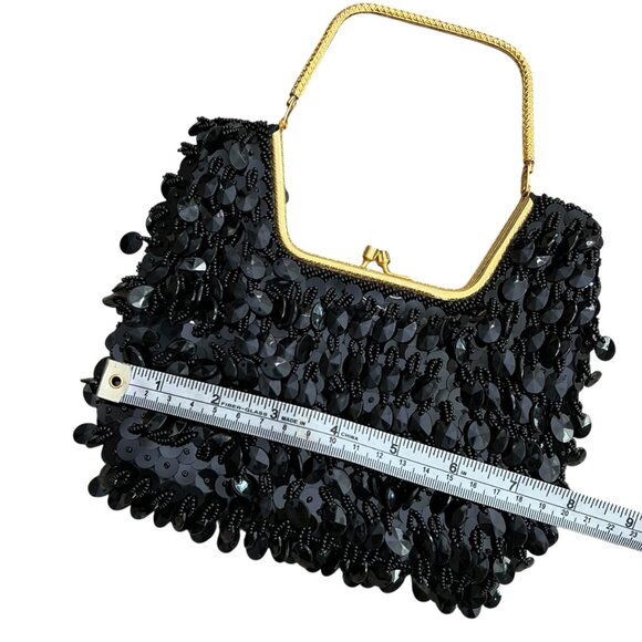 Vintage Beaded Sequin Kiss Lock Clutch Black Formal Glam Flapper‎ Going Out - Picture 5 of 7